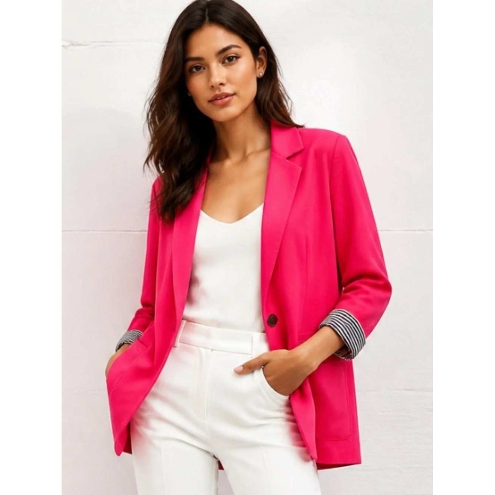 Liz Claiborne NY Womens Pink Knit Blazer Jacket Single Button‎ Striped XS READ